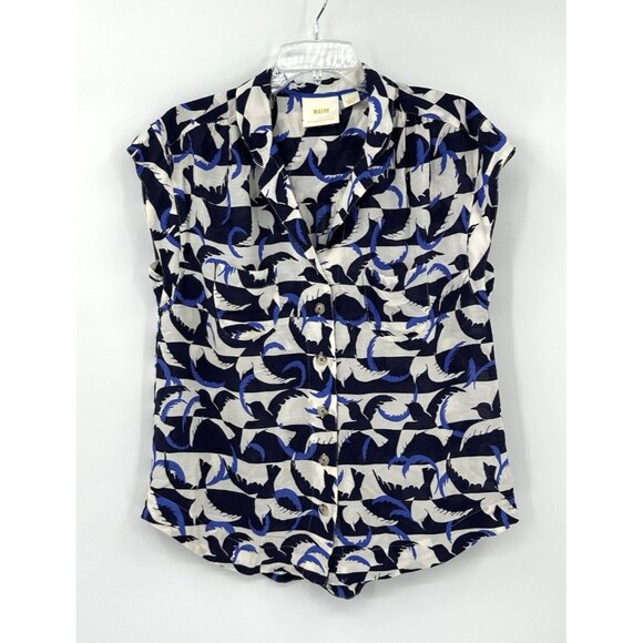 MAEVE ANTHROPOLOGIE shirt top blouse sleeveless button up birds blue MEDIUM - Picture 1 of 7
